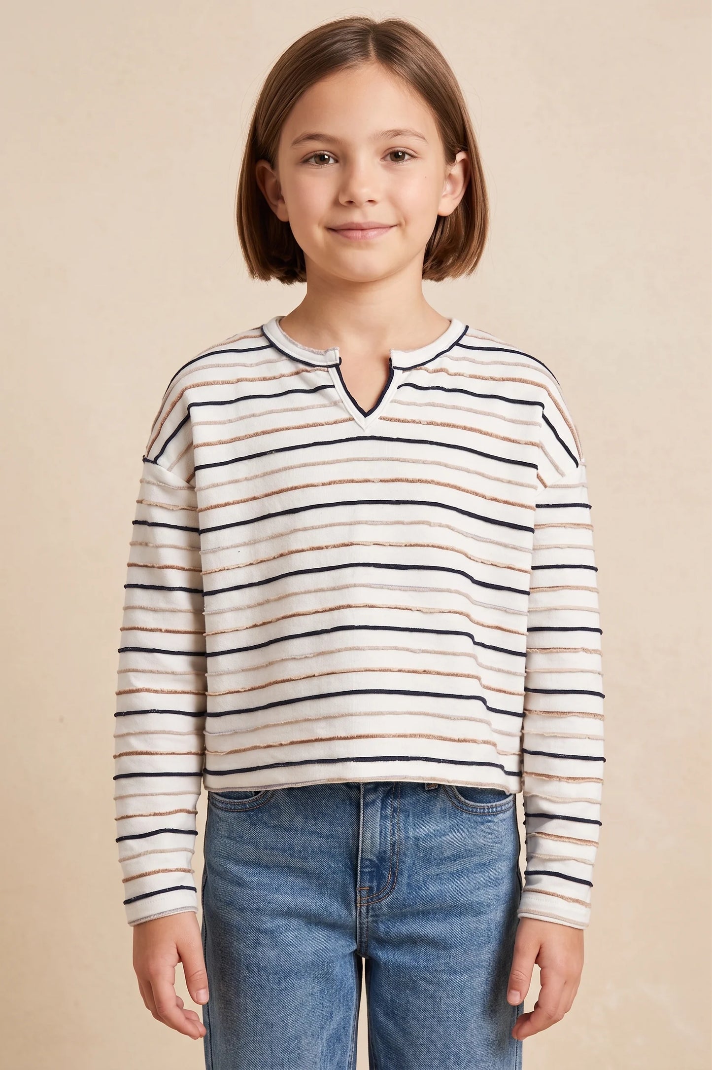 Girls Textured Stripe Drop Shoulder Long Sleeve Knit T Shirt