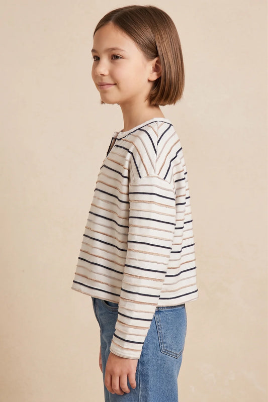 Girls Textured Stripe Drop Shoulder Long Sleeve Knit T Shirt