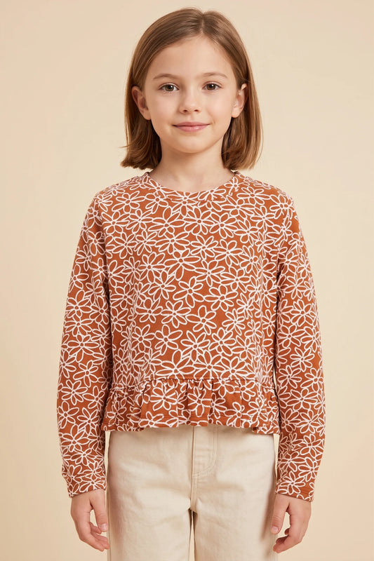 Girls Floral Embroidered Ruffled Hem Knit Top