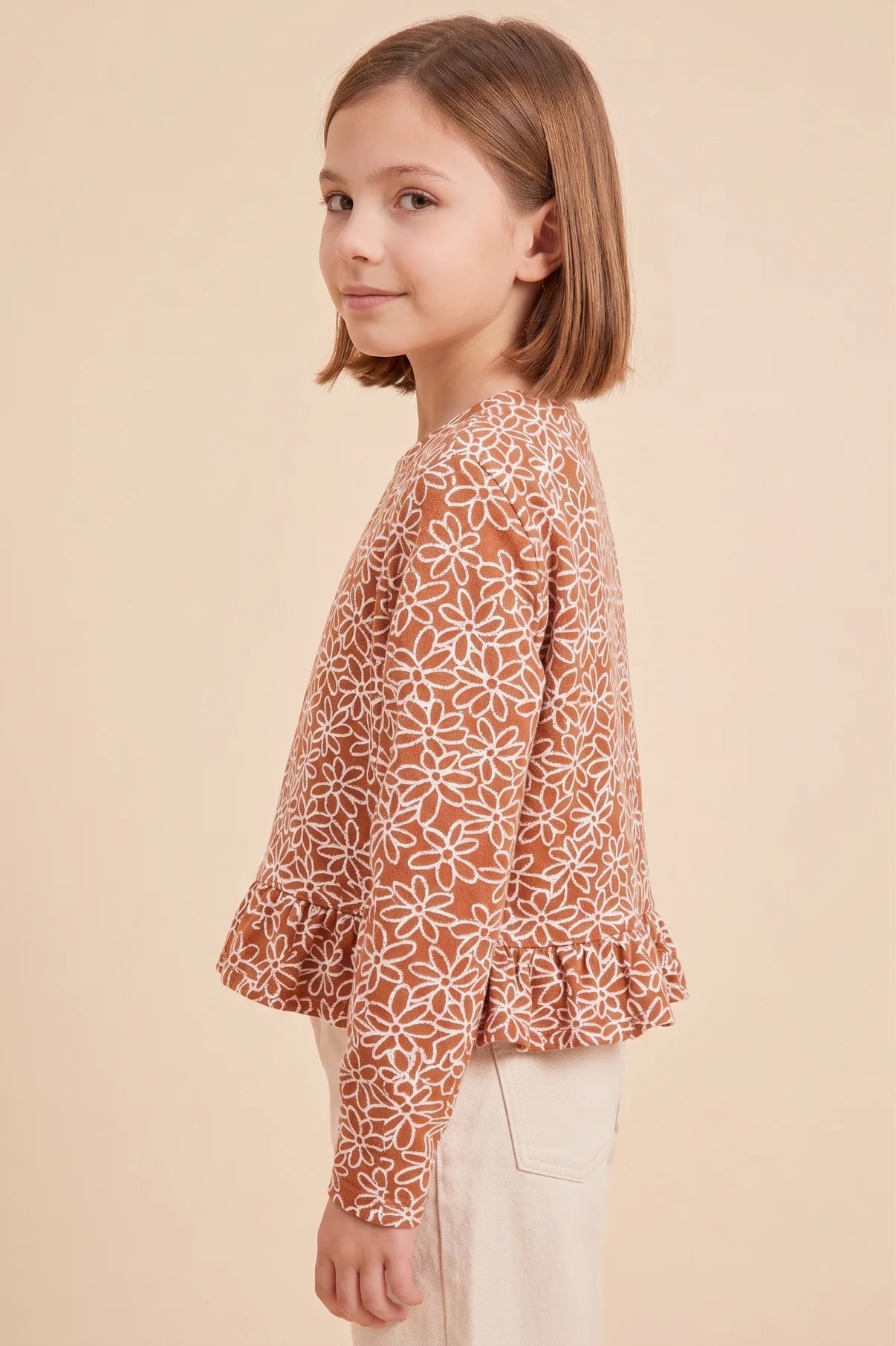 Girls Floral Embroidered Ruffled Hem Knit Top