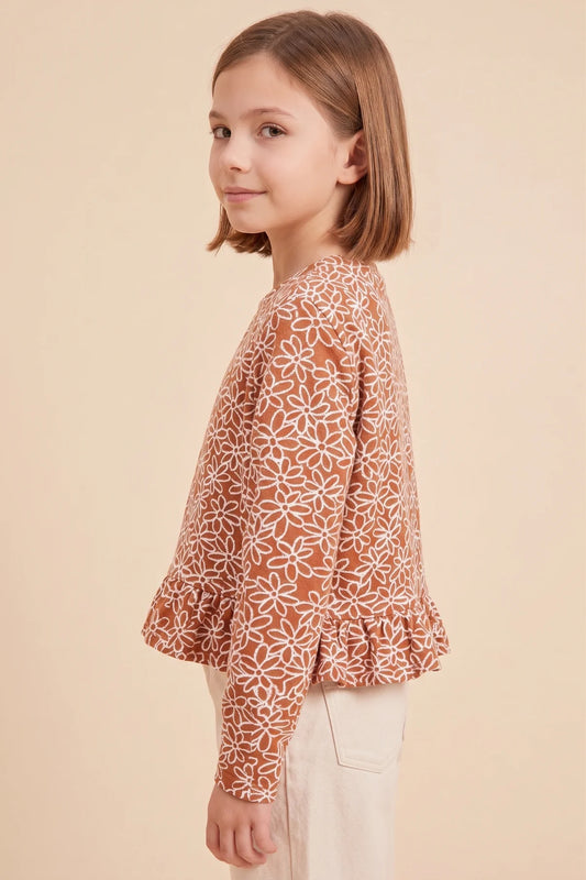 Girls Floral Embroidered Ruffled Hem Knit Top
