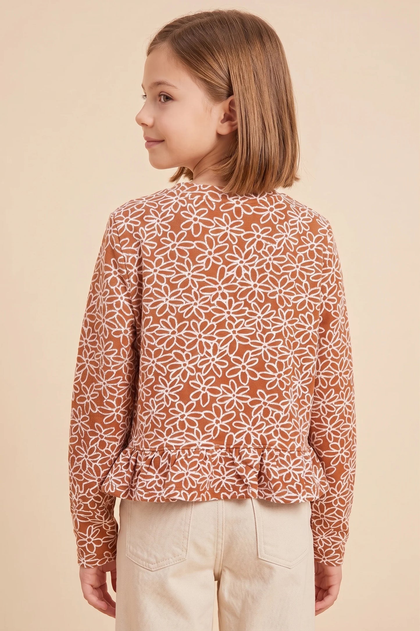 Girls Floral Embroidered Ruffled Hem Knit Top