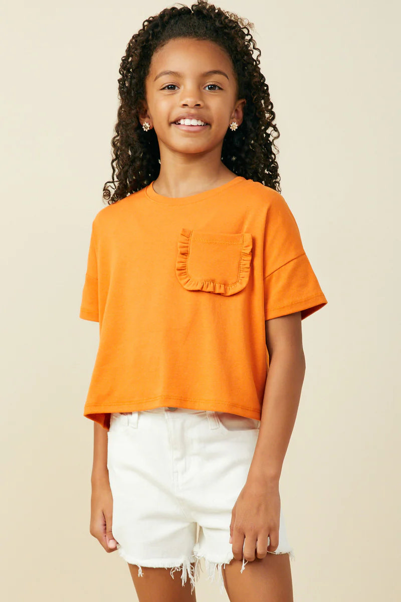 Girls Ruffle Pocket Knit T Shirt - Orange