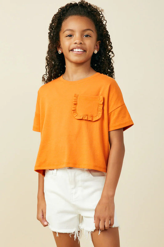 Girls Ruffle Pocket Knit T Shirt - Orange