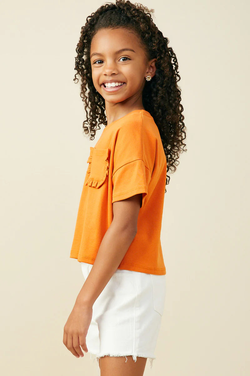 Girls Ruffle Pocket Knit T Shirt - Orange