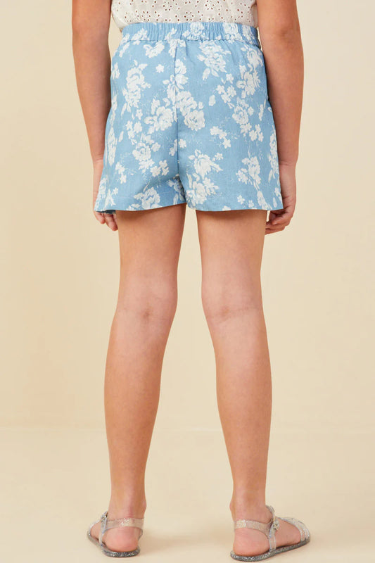 Girls Romantic Floral Pleated Chambray Shorts
