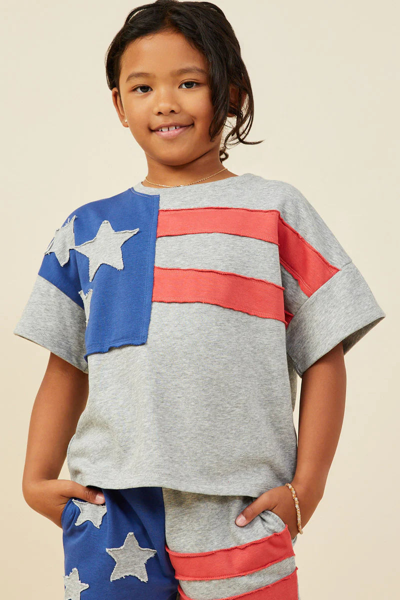 Girls Raw Edge Stars And Stripe Knit T Shirt - Heather Grey