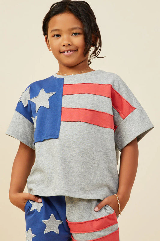 Girls Raw Edge Stars And Stripe Knit T Shirt - Heather Grey