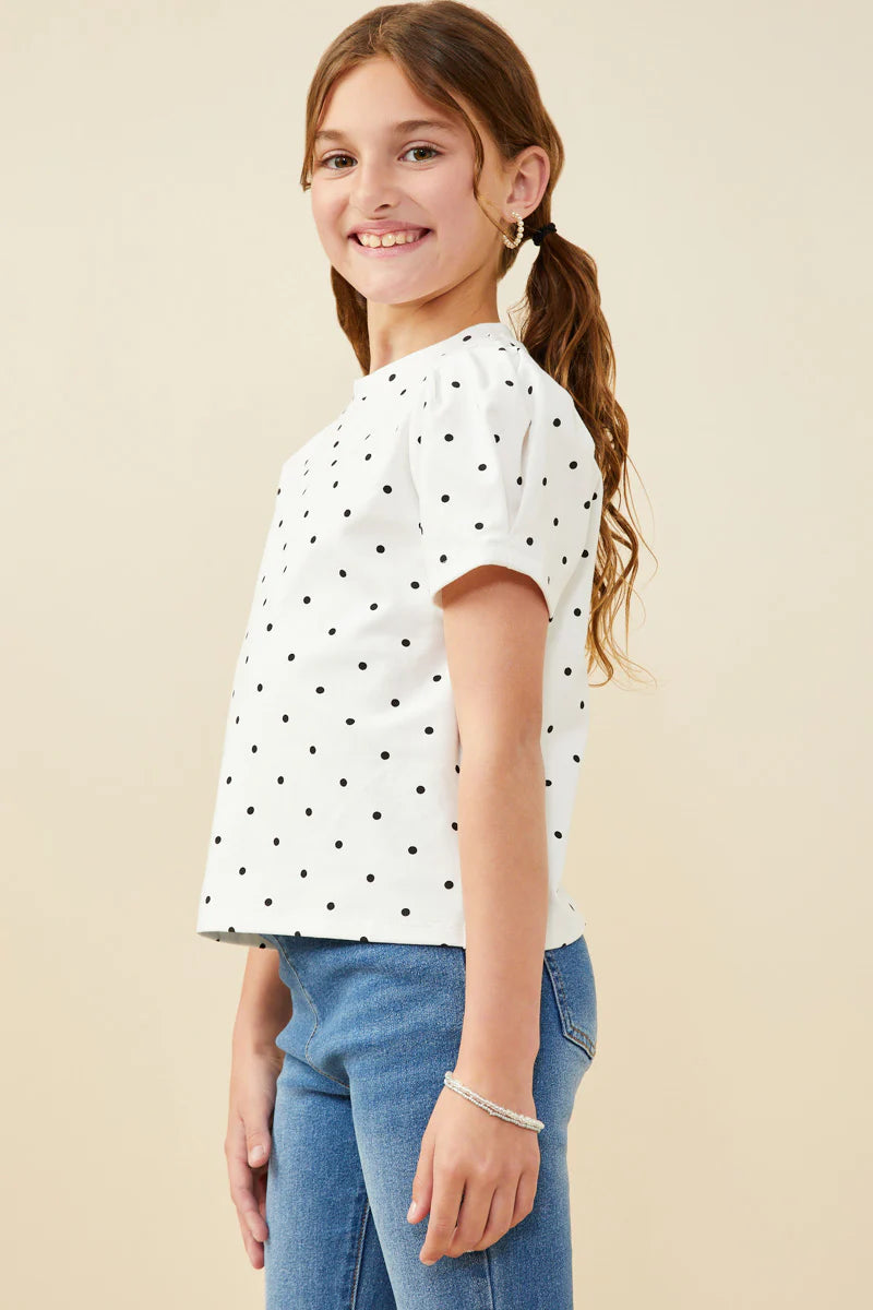 Girls Puff Sleeve Polka Dot Knit Tee