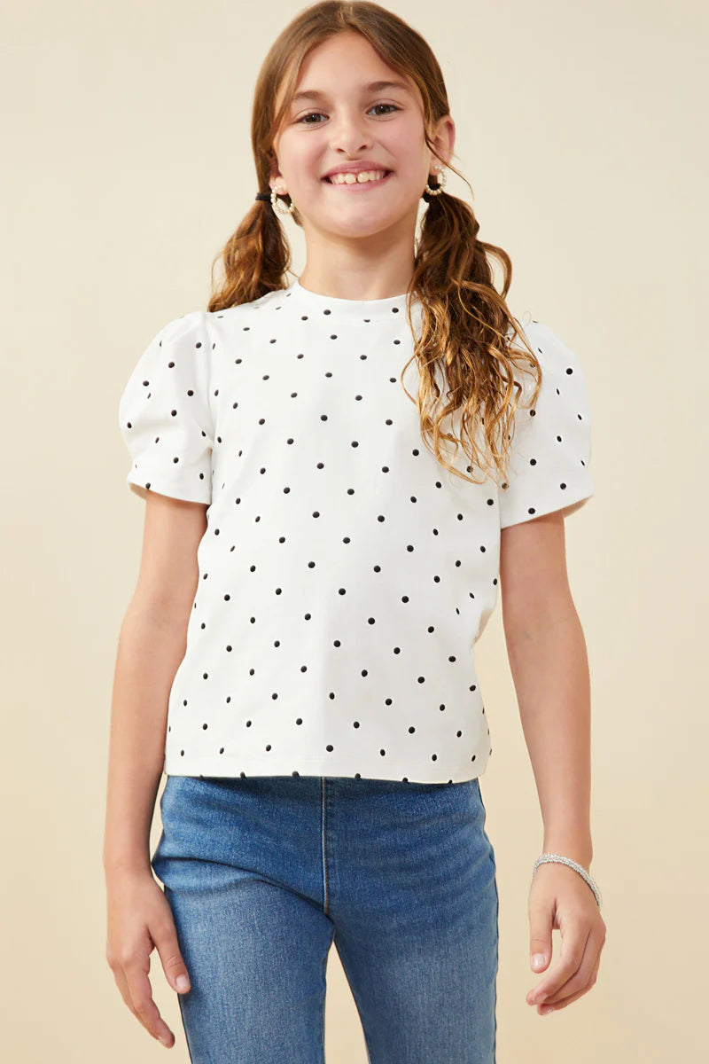 Girls Puff Sleeve Polka Dot Knit Tee