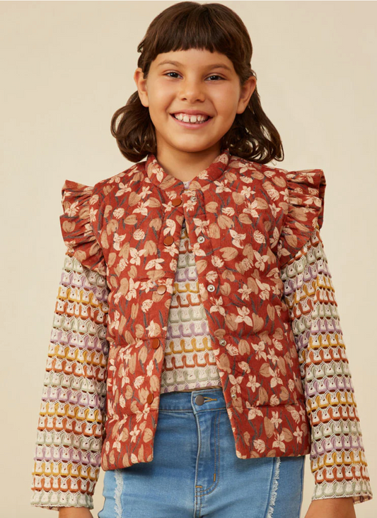 The Fancy Floral Print Ruffled Corduroy Vest