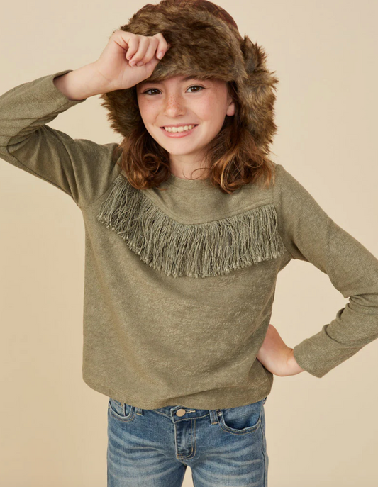 The Olive Fringed Textured Knit Pullover Top