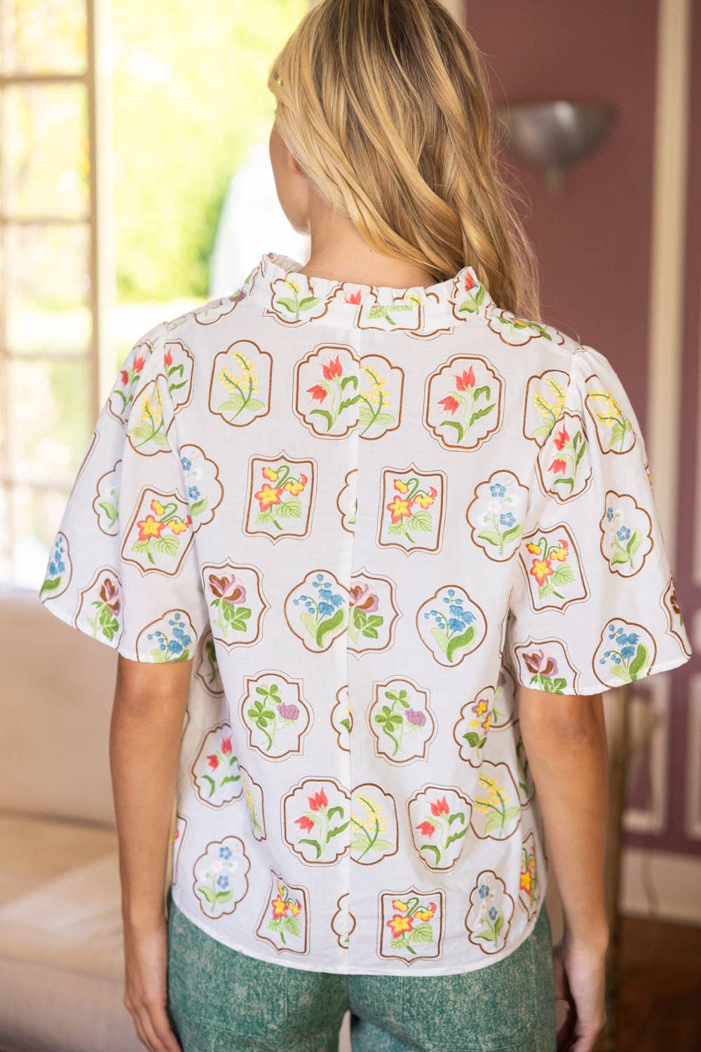 Framed Floral Embroidered V-Neck Top