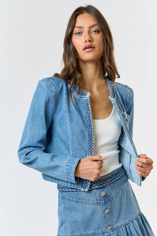 ILT4164 Braided Trim Open Denim Jacket