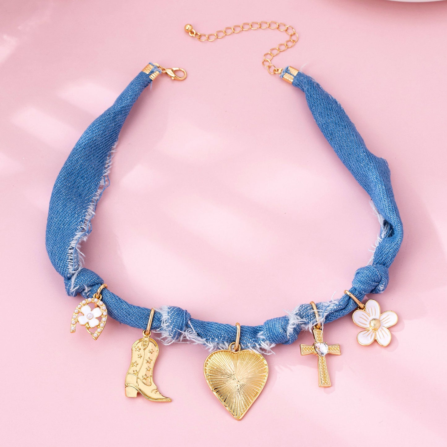 Western Denim Cowboy Boot & Cross Charm Necklace | 80N92859