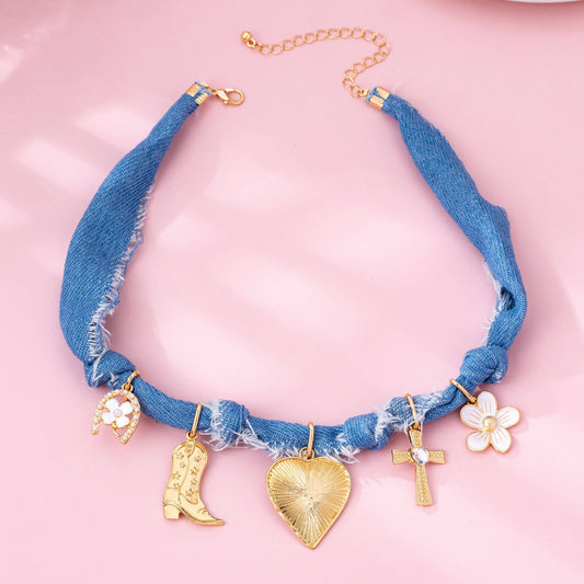Western Denim Cowboy Boot & Cross Charm Necklace | 80N92859