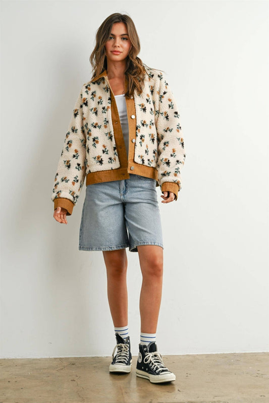 Floral Fleece Snap Jacket with Twill Trim