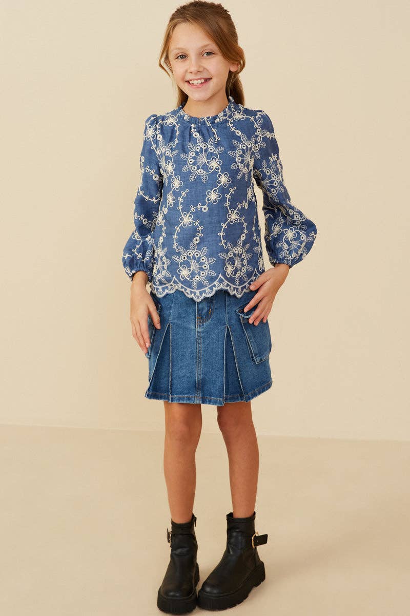 Girls Embroidered Scallop Hem Top