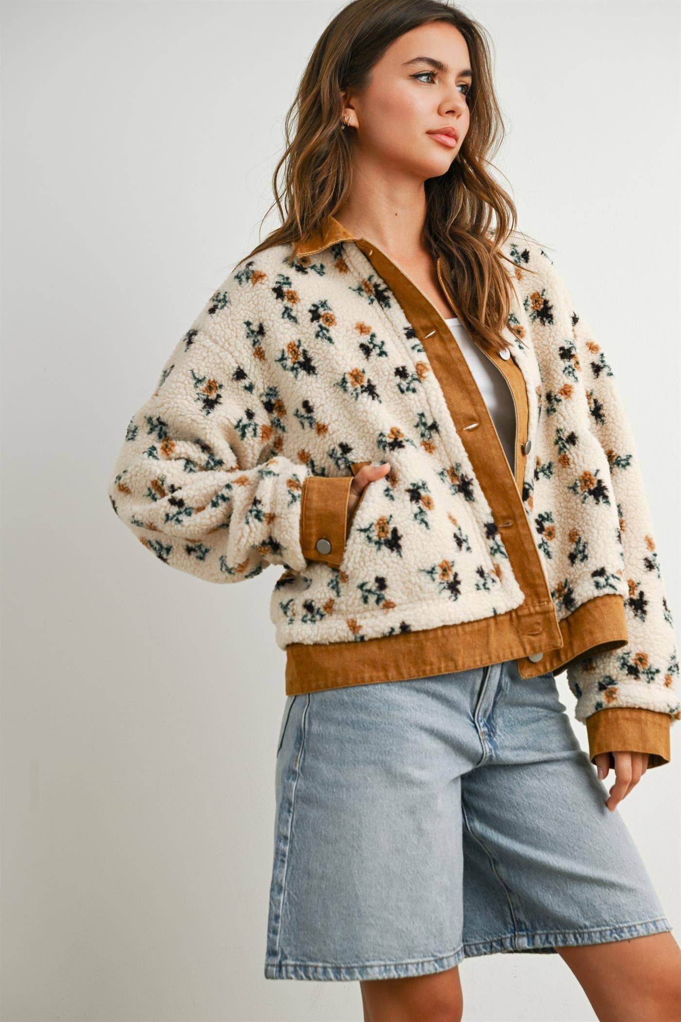 Floral Fleece Snap Jacket with Twill Trim