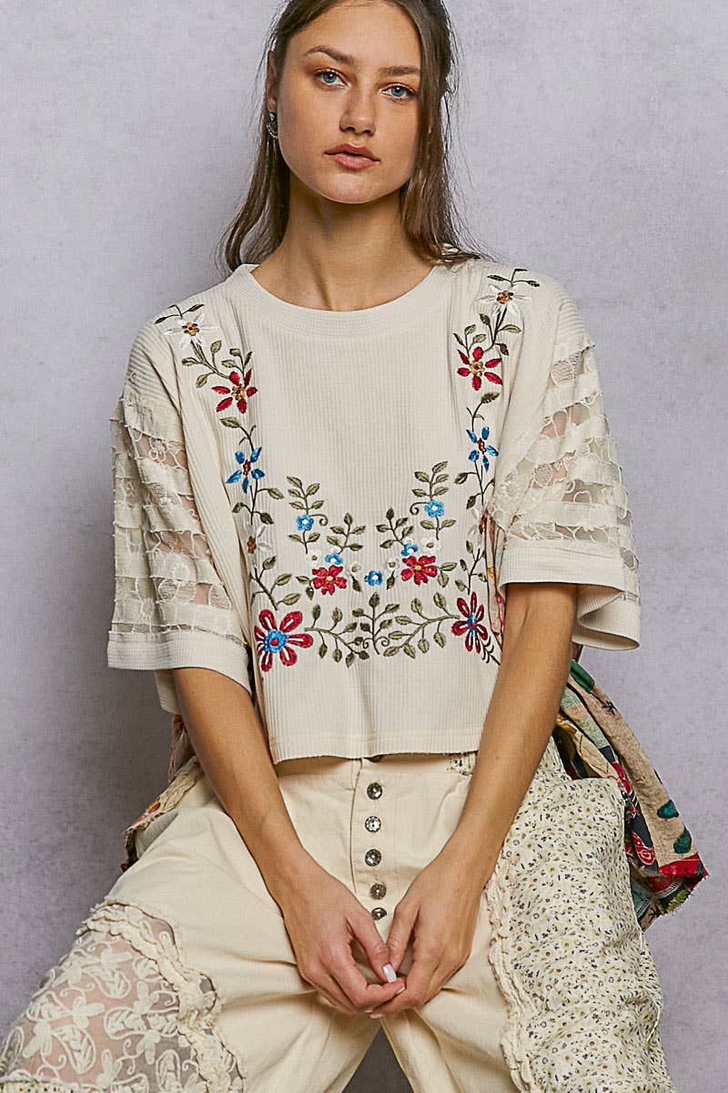 Boho Side Ruffle Detail Floral Embroidery Thermal Top