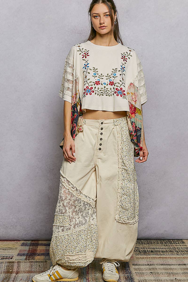 Boho Side Ruffle Detail Floral Embroidery Thermal Top
