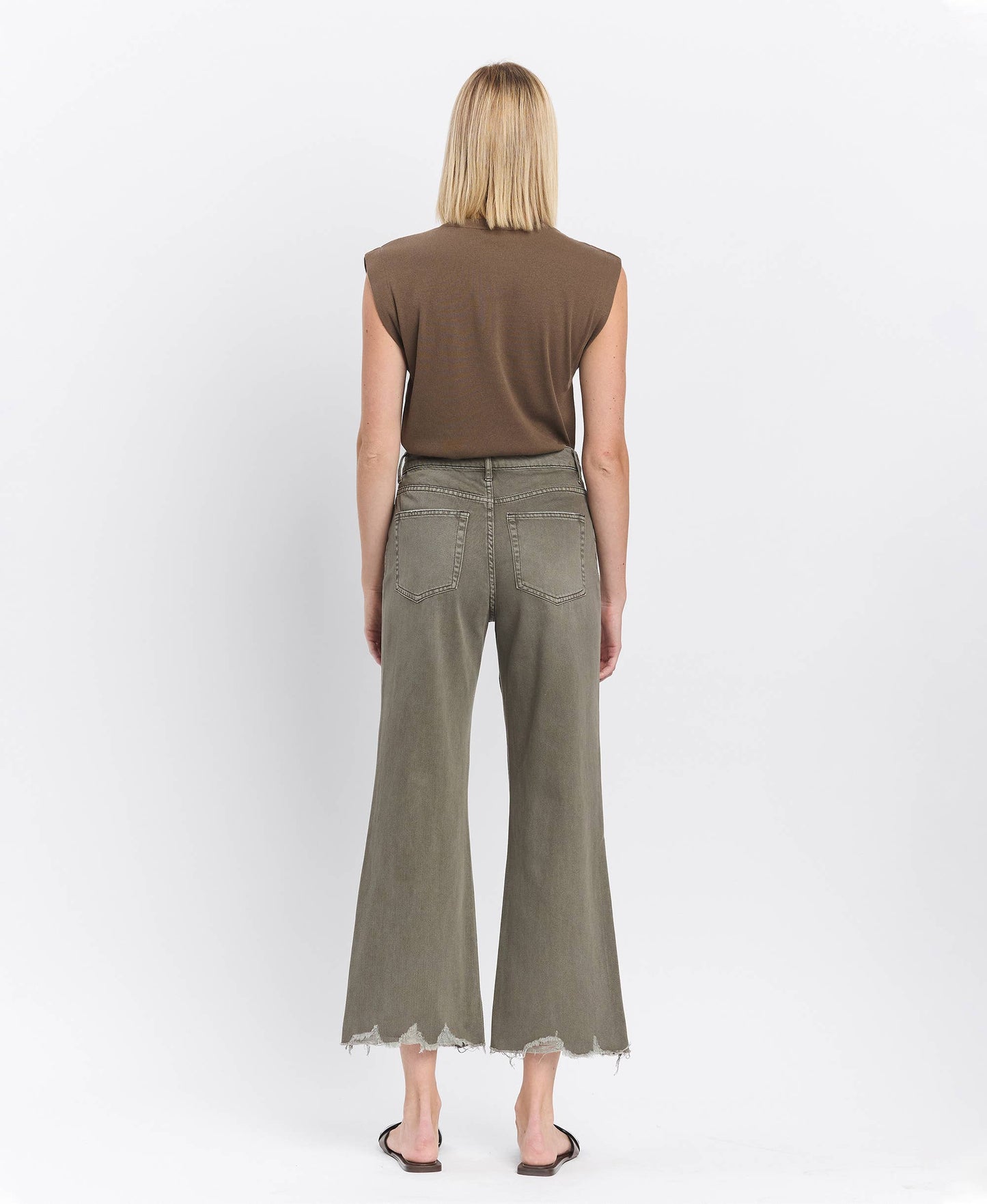 90'S VINTAGE SUPER HIGH RISE CROP FLARE JEANS IN OLIVE