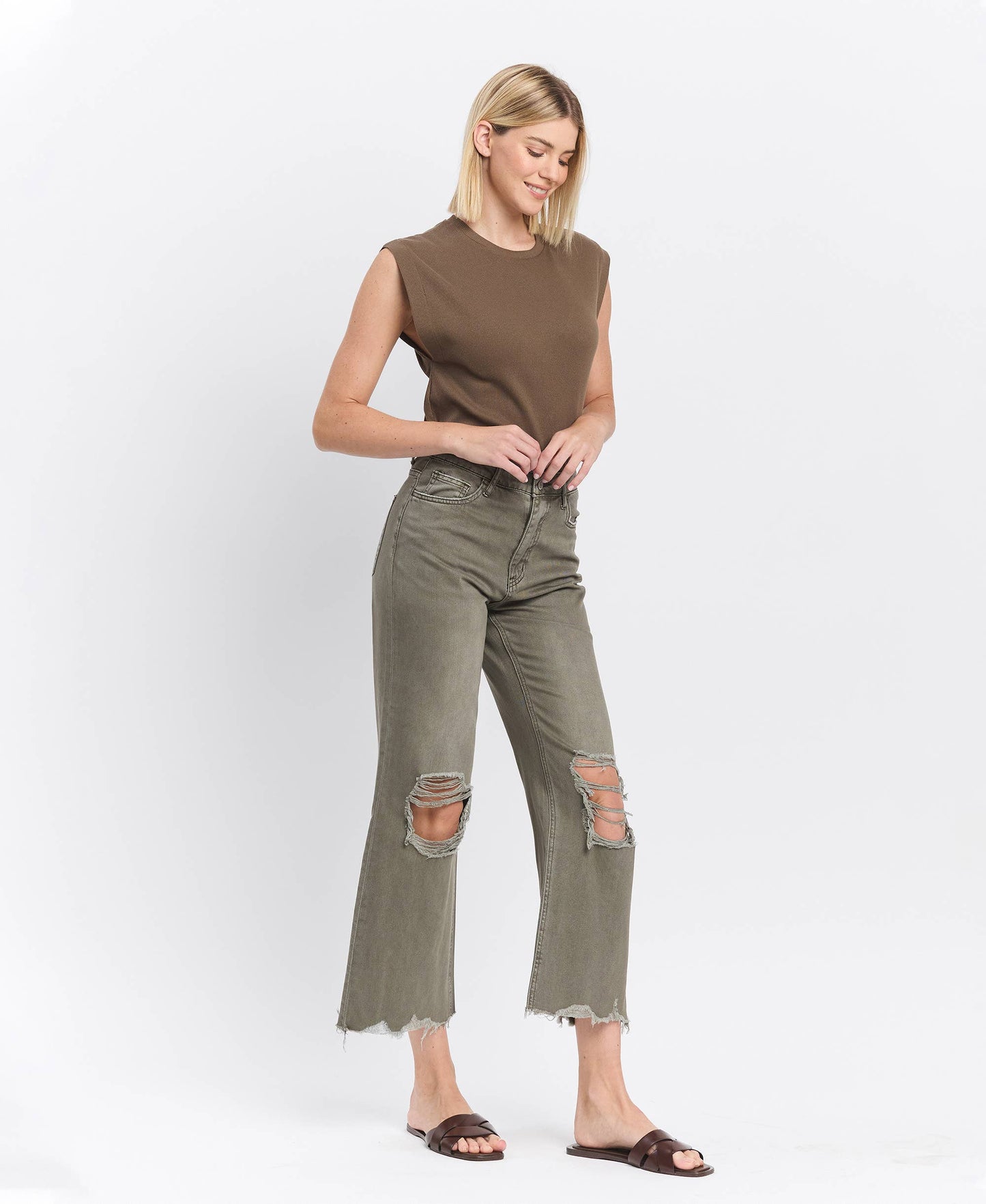 90'S VINTAGE SUPER HIGH RISE CROP FLARE JEANS IN OLIVE