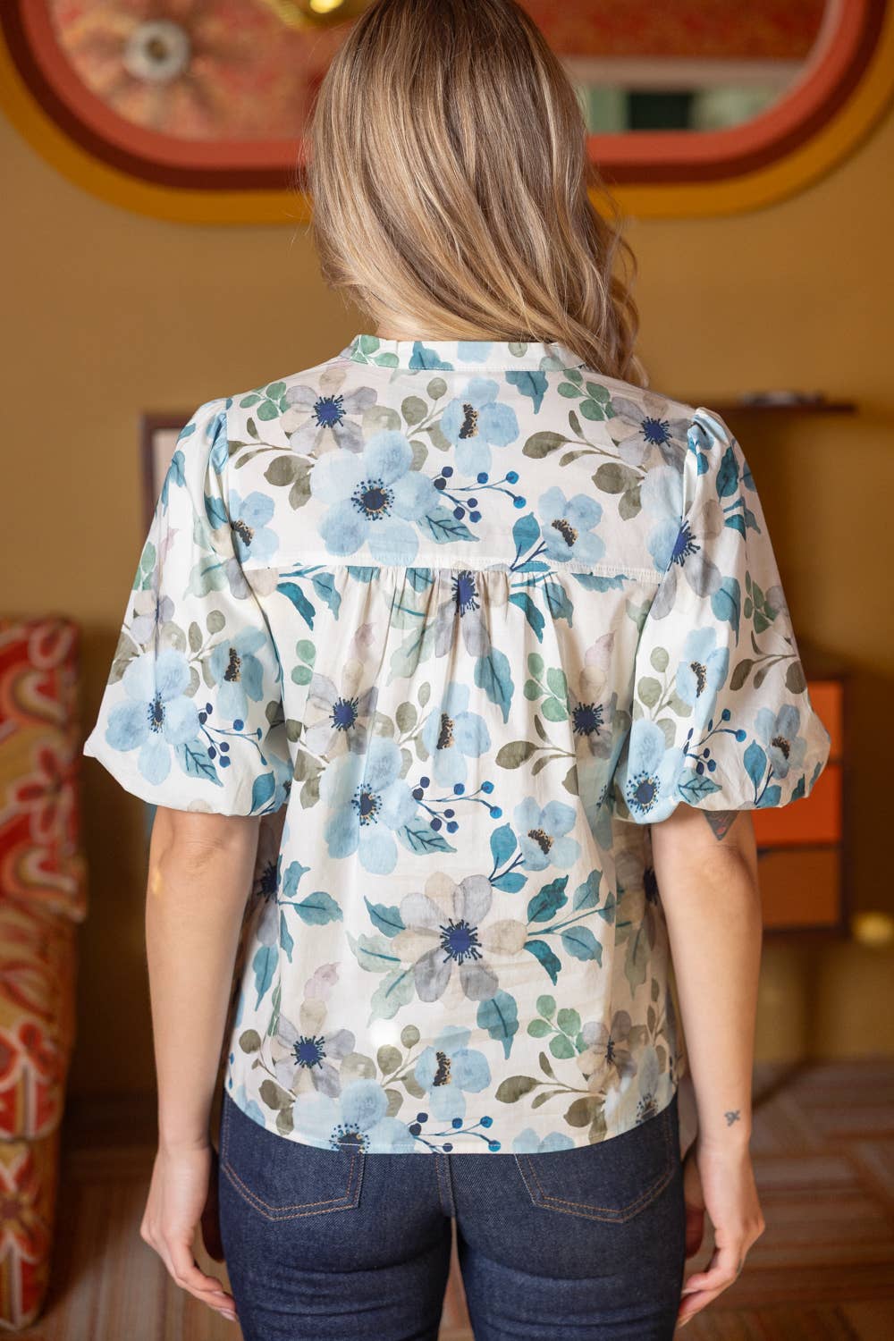 Stripe Away Wavy Trim Detailed Floral Top