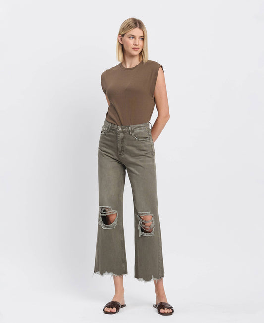 90'S VINTAGE SUPER HIGH RISE CROP FLARE JEANS IN OLIVE