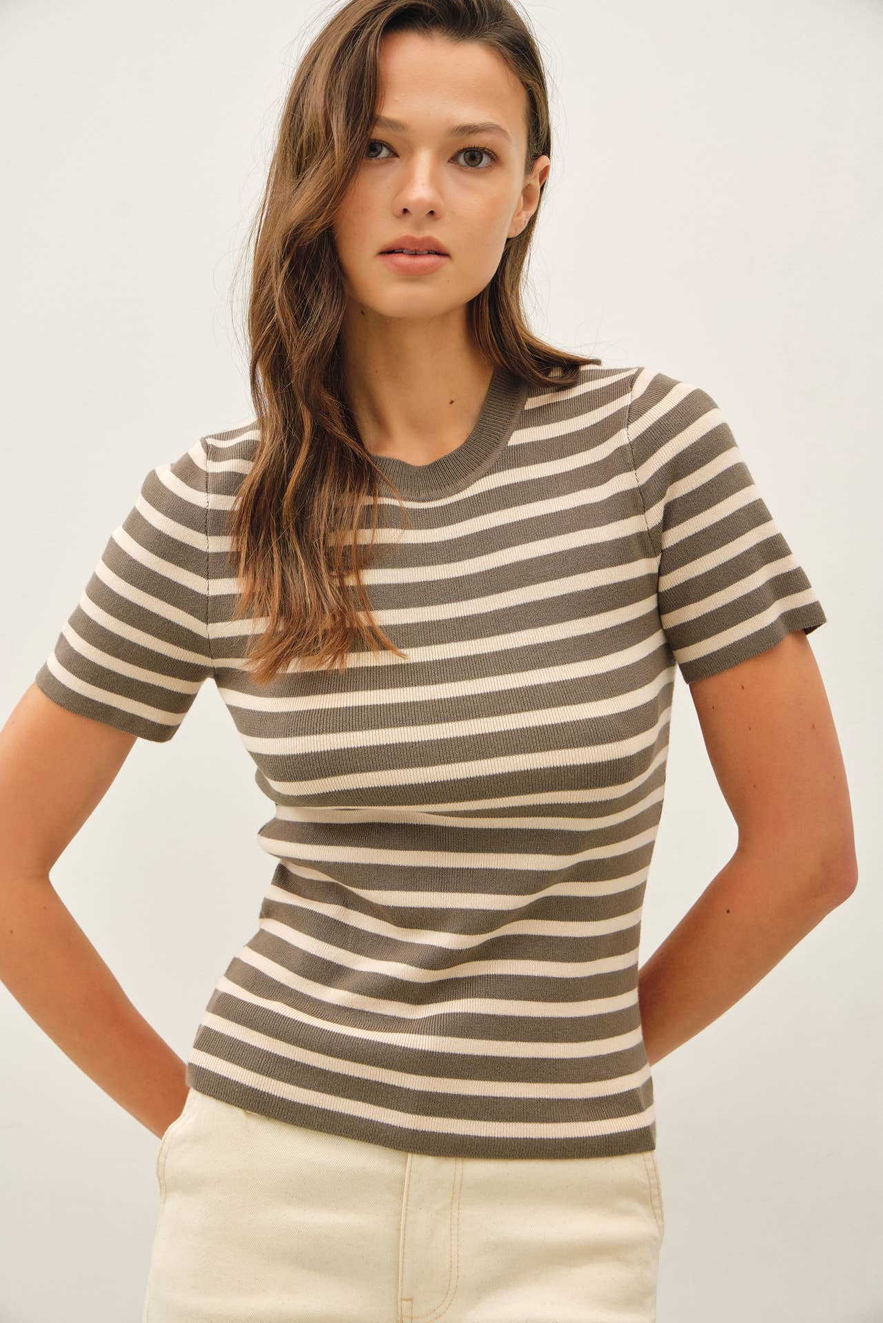 CLASSIC STRIPED CREWNECK SHORT SLEEVE SWEATER
