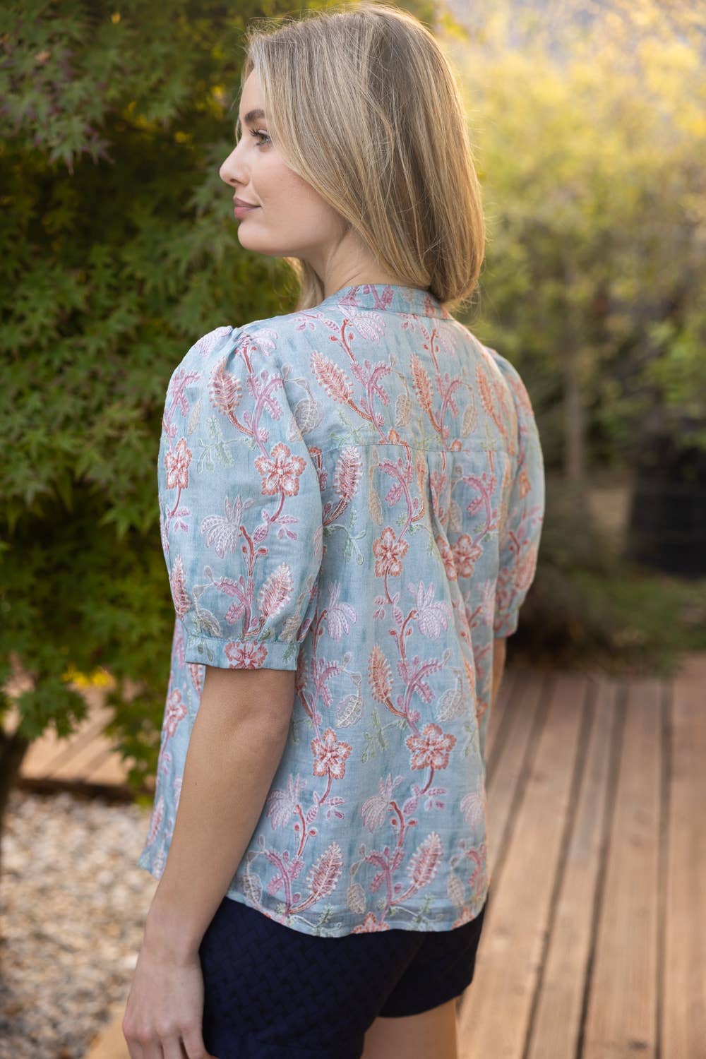 Floral Punch Embroidered Detail Button Down Top