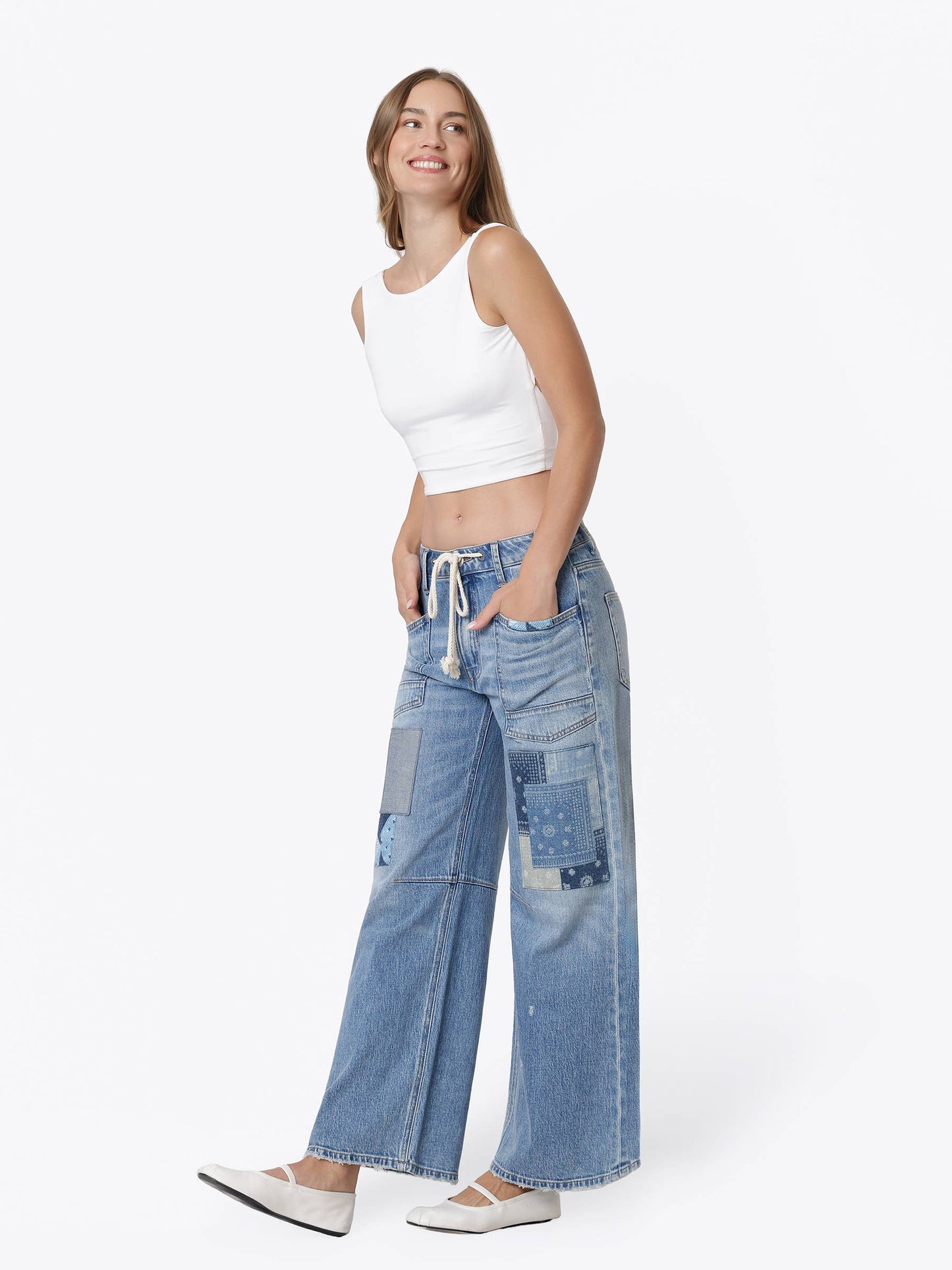 HIGH RISE PATCHWORK DETAIL WAIST TIE WIDE JEANS