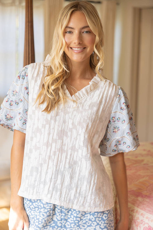 Floral Embroidered Sequin Sleeve Ruffled V Neck Top (Large Only)