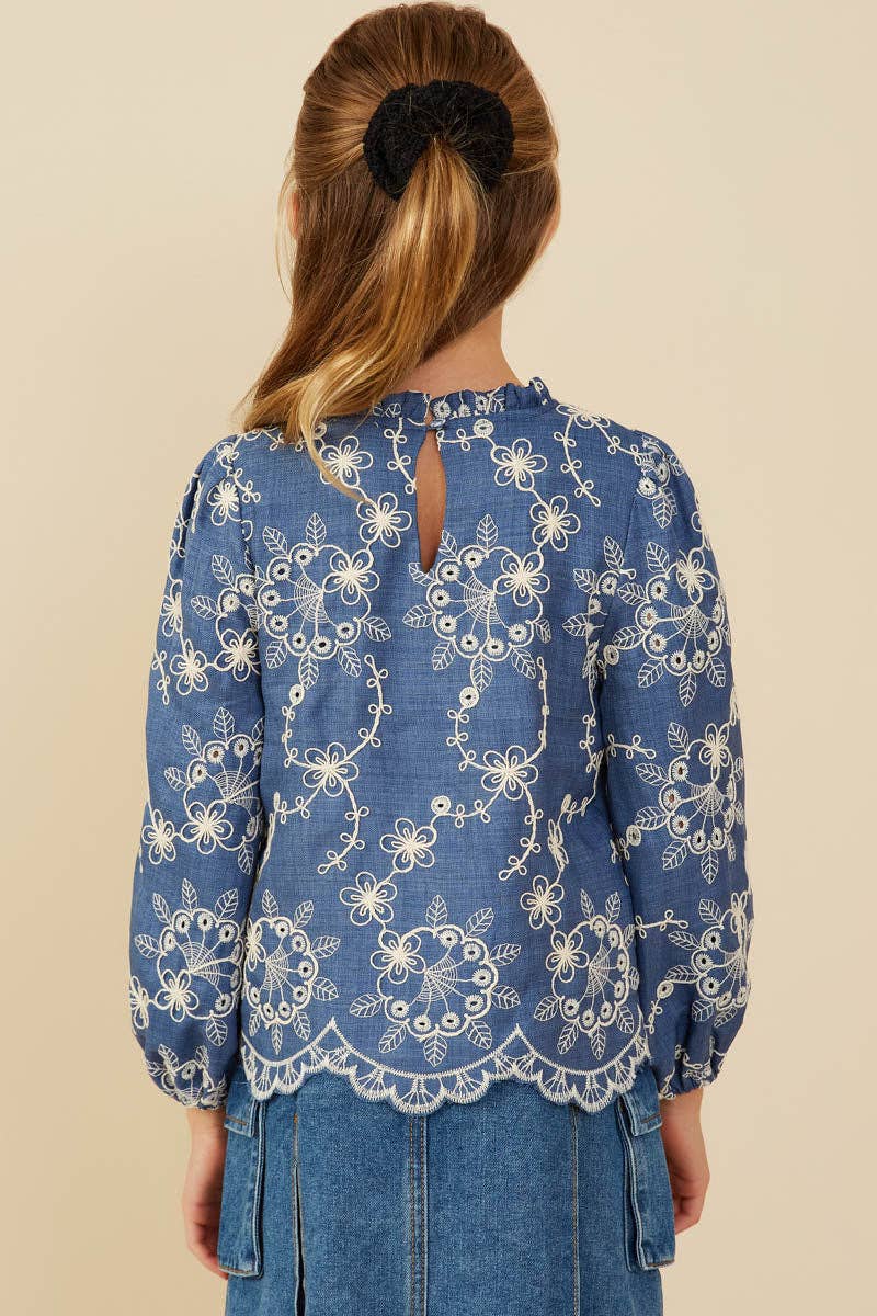 Girls Embroidered Scallop Hem Top