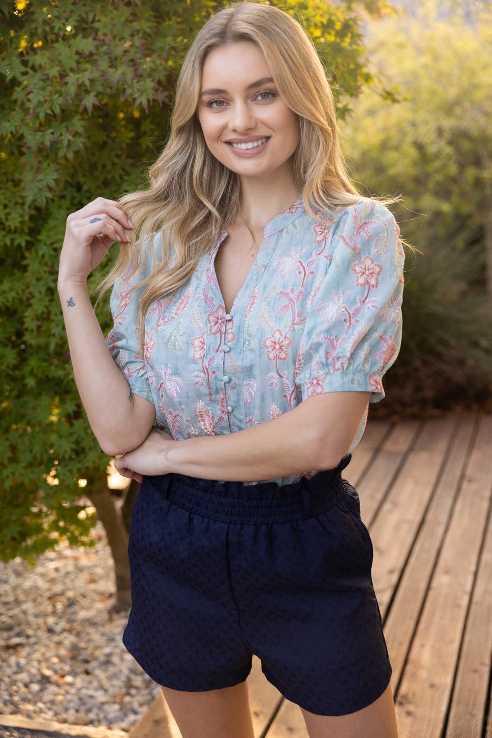 Floral Punch Embroidered Detail Button Down Top