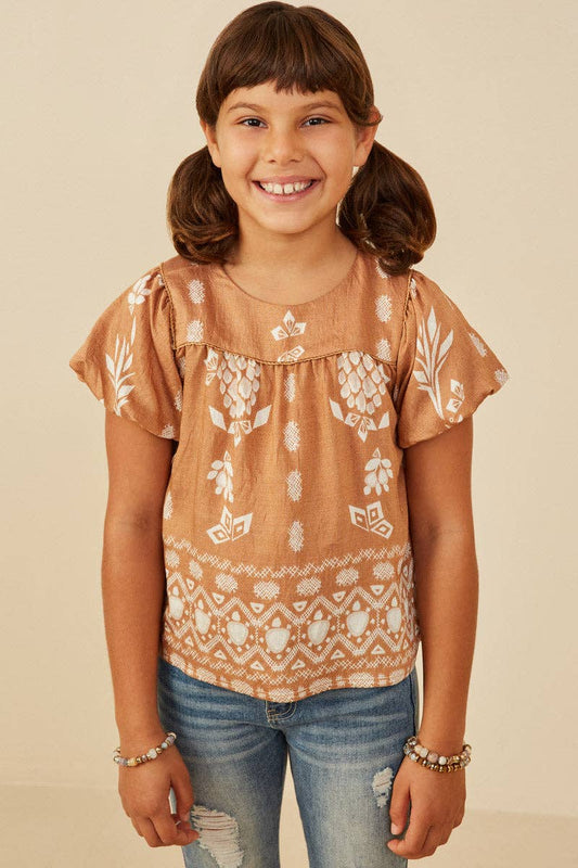 Girls Geometric Floral Print Puff Sleeve Top