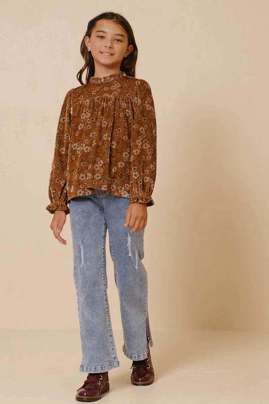 Girls Floral Velvet Cinched Cuff Long Sleeve Top