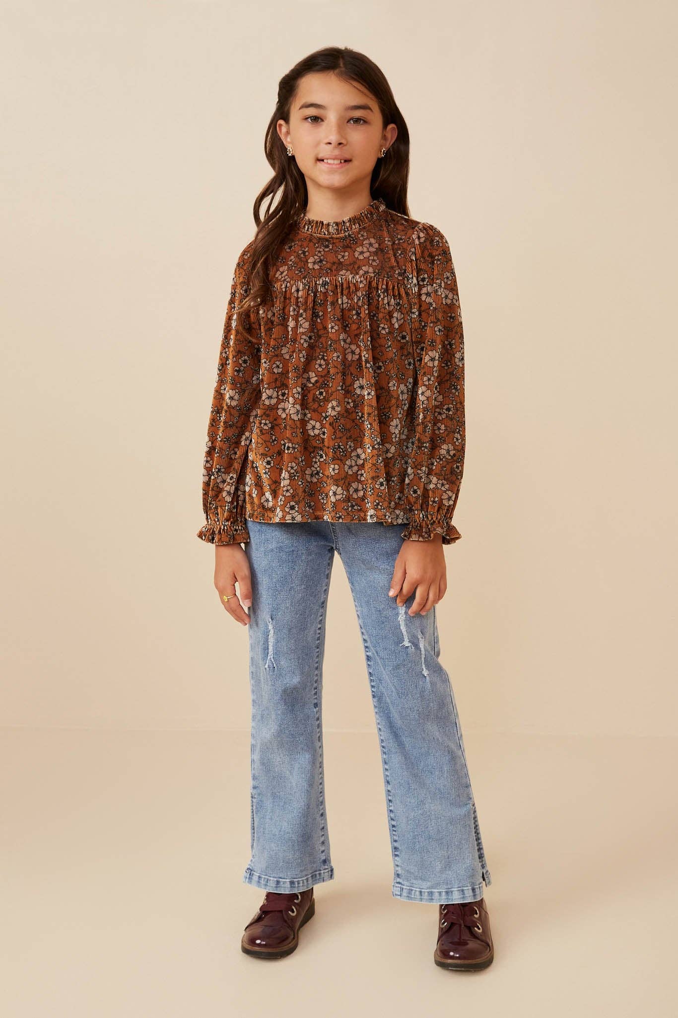 Girls Floral Velvet Cinched Cuff Long Sleeve Top