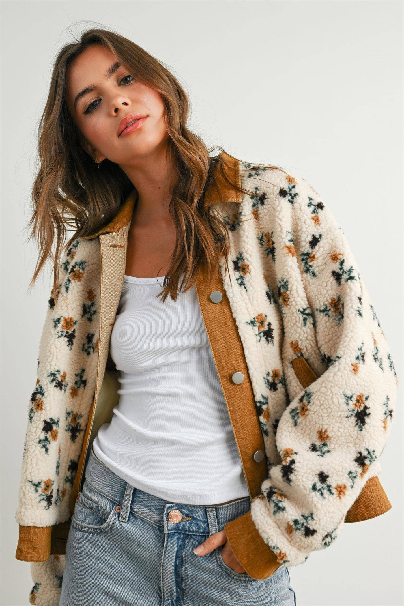 Floral Fleece Snap Jacket with Twill Trim