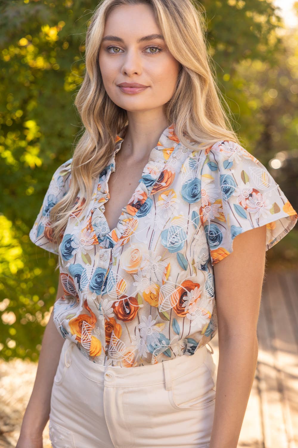 Pretty Peach Ruffle Button Down Floral Embroidered Print Top