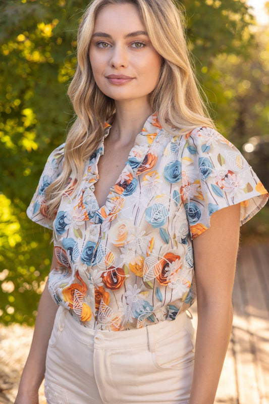 Pretty Peach Ruffle Button Down Floral Embroidered Print Top