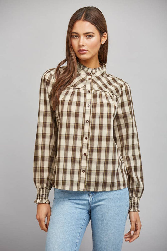 Cream and Cocoa Plaid Ruffle Blouse