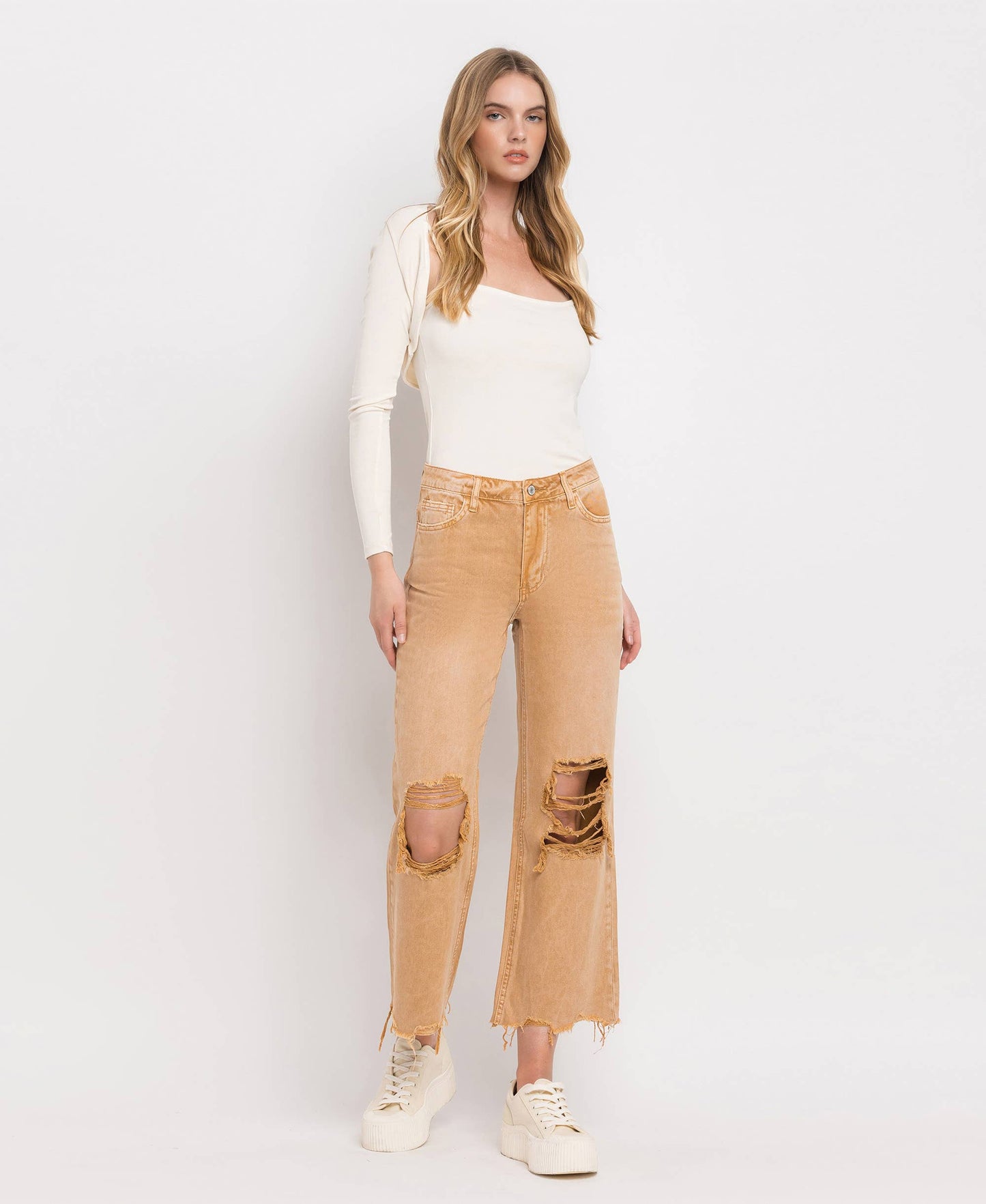 90'S VINTAGE SUPER HIGH RISE CROP FLARE JEANS IN GOLD