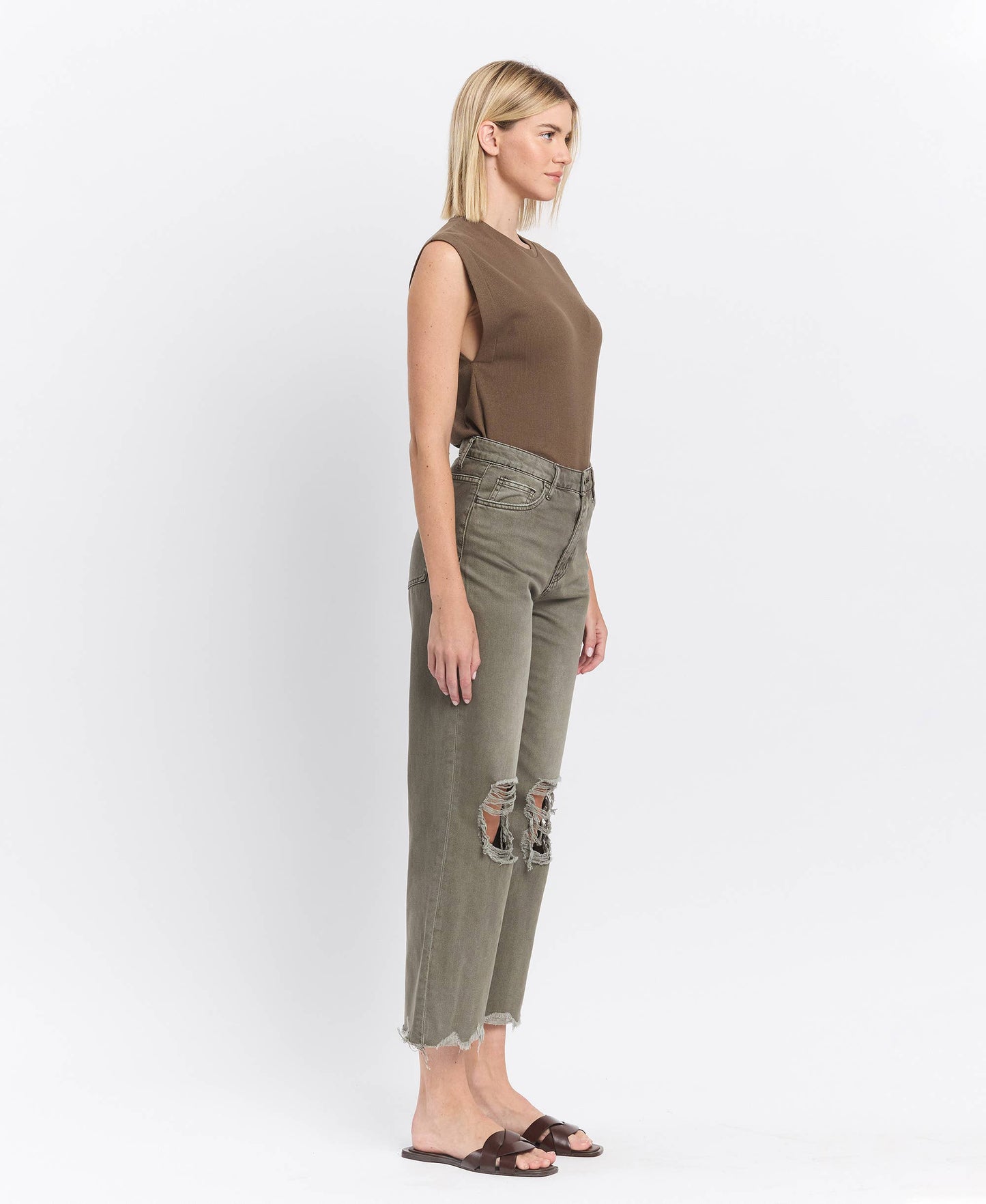 90'S VINTAGE SUPER HIGH RISE CROP FLARE JEANS IN OLIVE