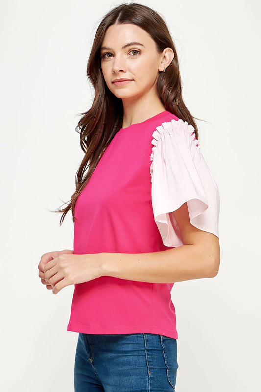 The Fireworks Poplin Ruffle Sleeve Knit Top