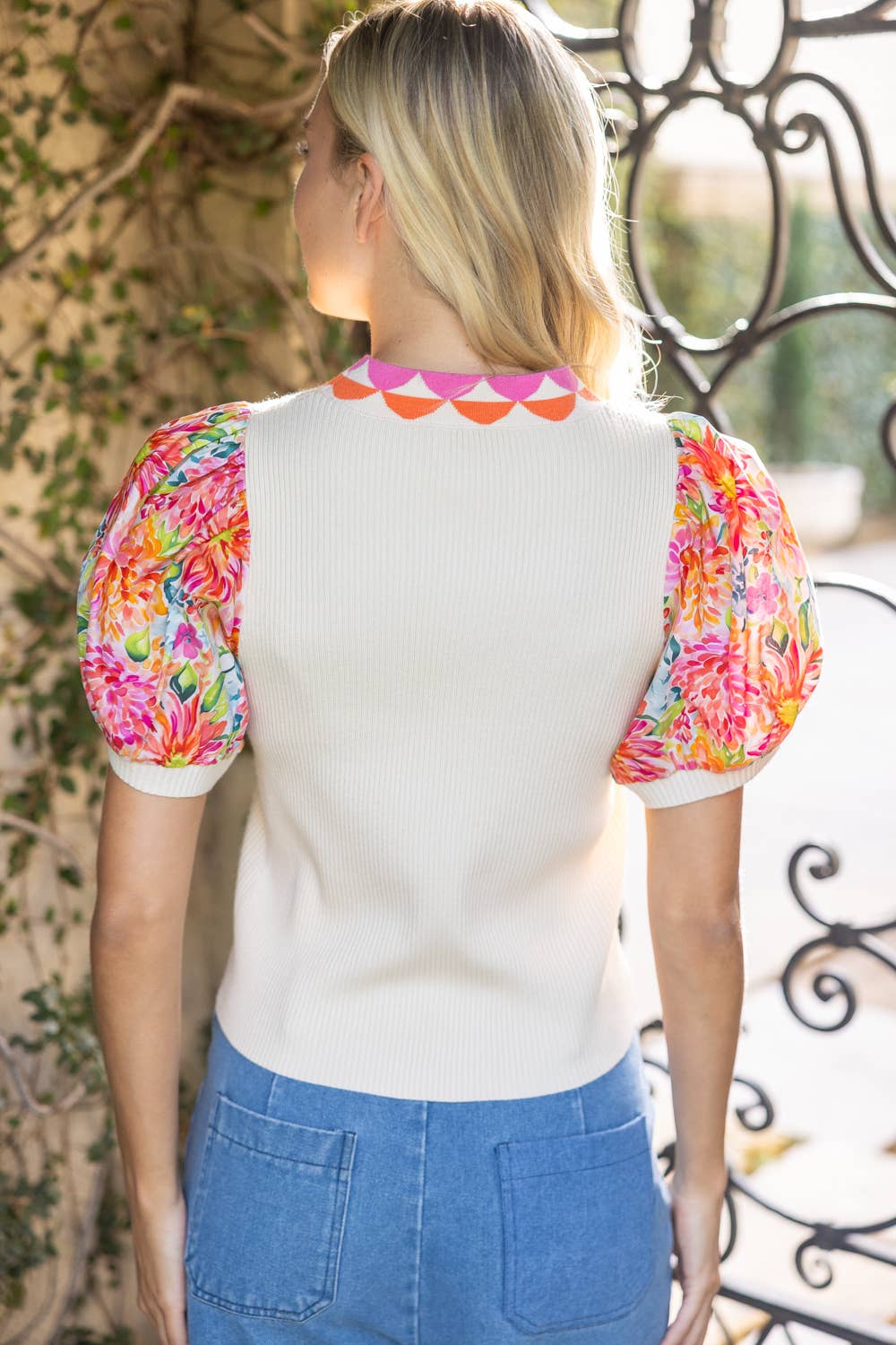 Barbie Girl Floral Contrast Sleeve Solid Ribbed Knit Top