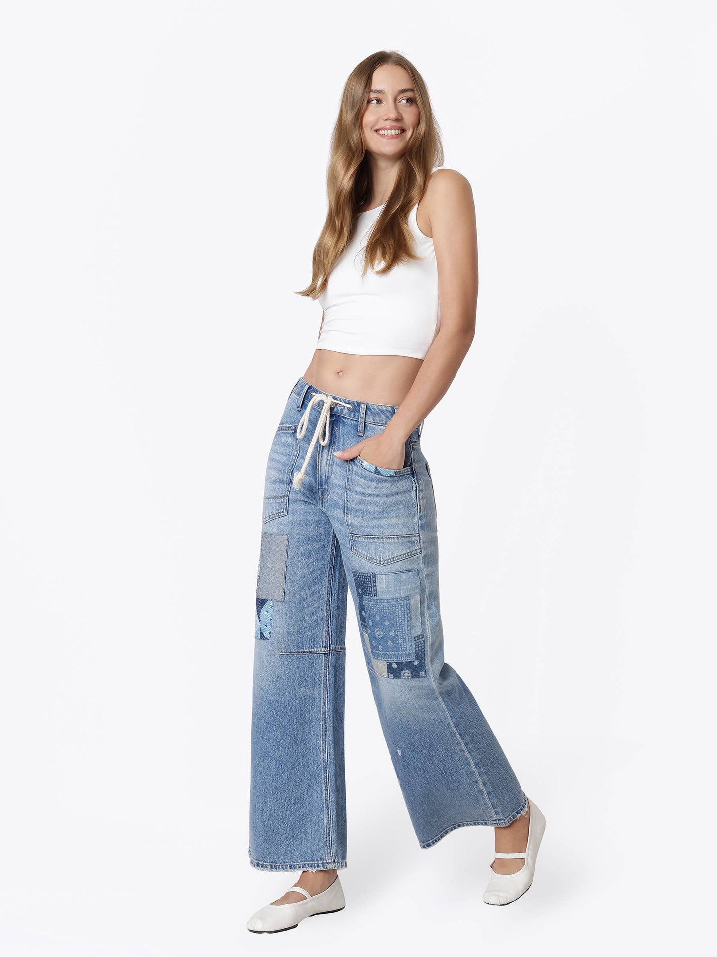 HIGH RISE PATCHWORK DETAIL WAIST TIE WIDE JEANS