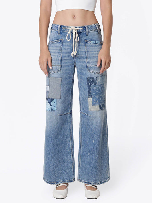 HIGH RISE PATCHWORK DETAIL WAIST TIE WIDE JEANS