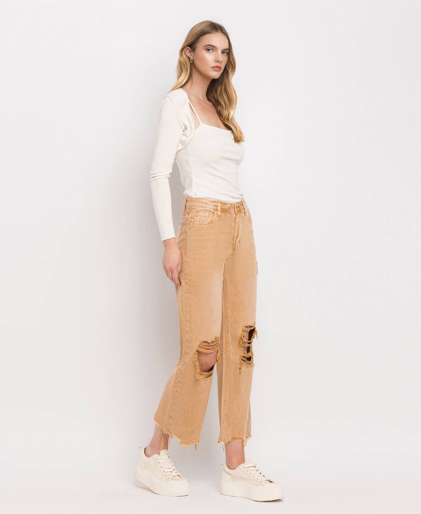 90'S VINTAGE SUPER HIGH RISE CROP FLARE JEANS IN GOLD