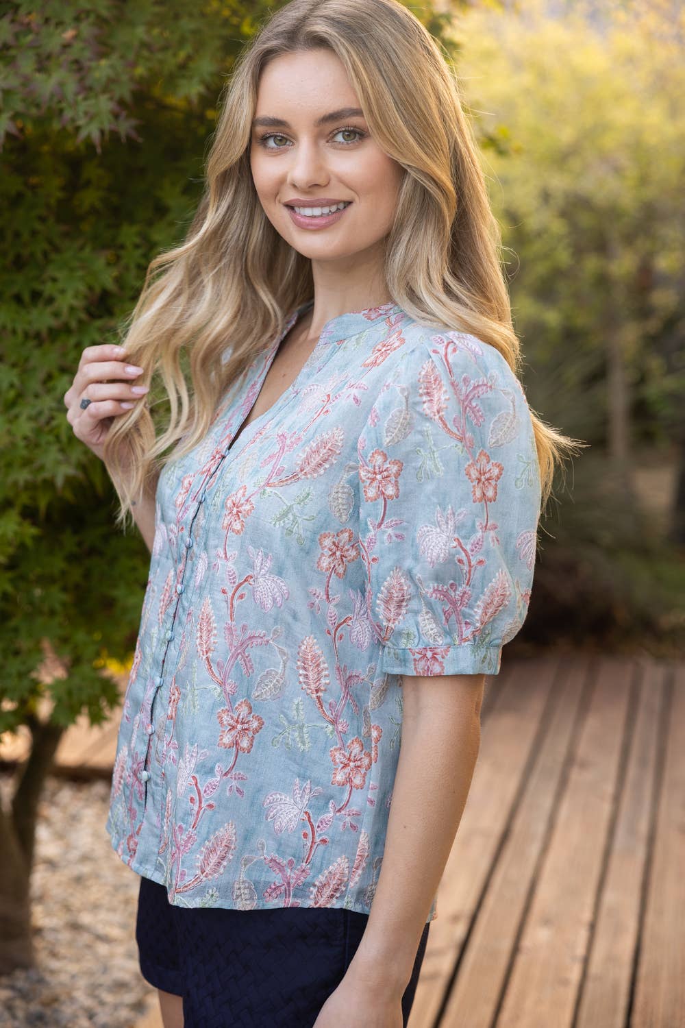 Floral Punch Embroidered Detail Button Down Top